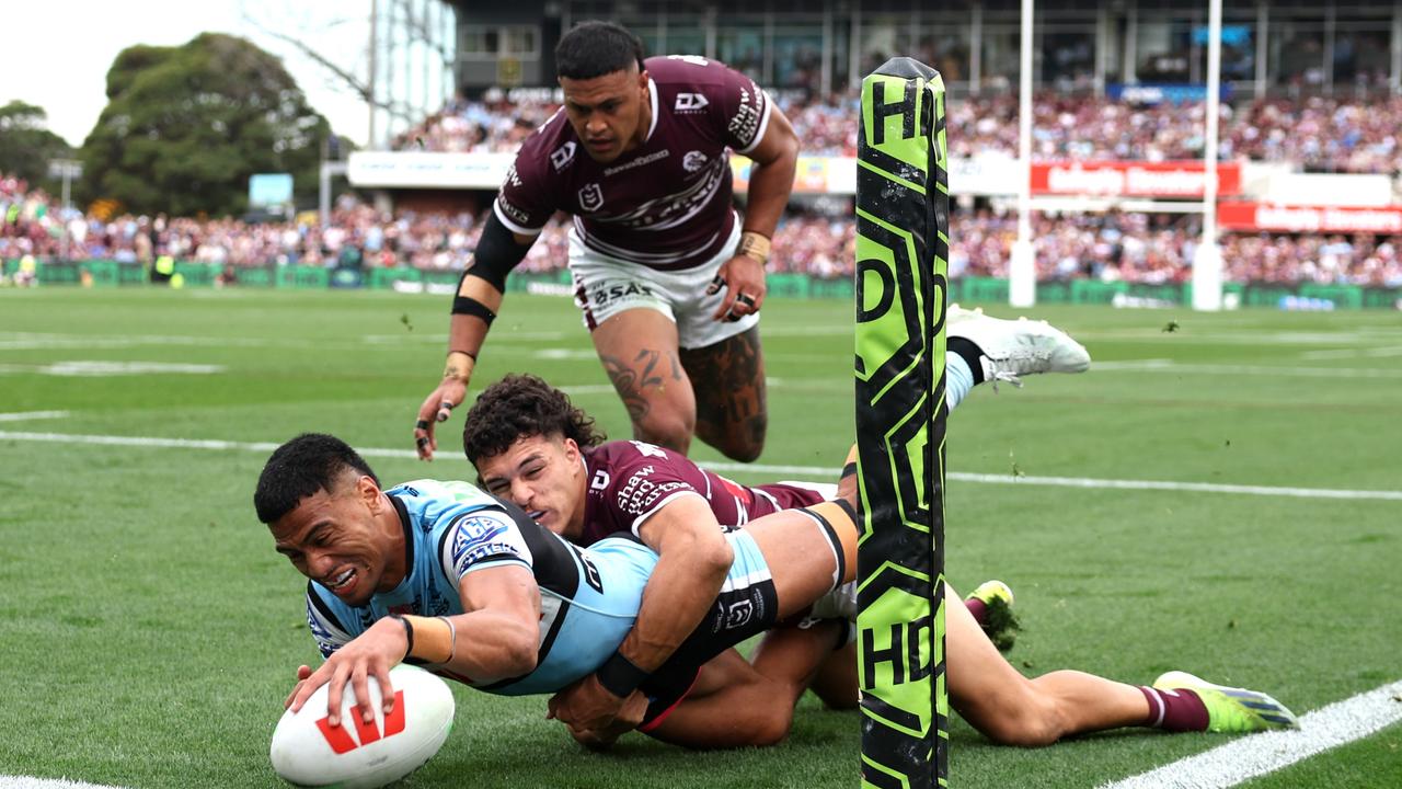 Ronaldo Mulitalo and the Sharks were far too strong for Manly on Sunday. (Photo by Cameron Spencer/Getty Images)