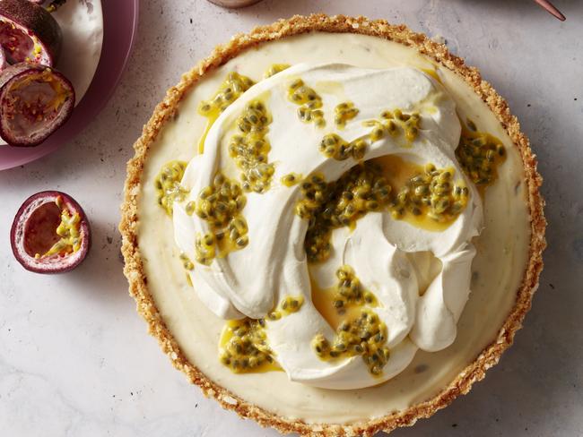 EMBARGO FOR TWAM 19 FEB 2022. FEES MAY APPLY. Alice Zaslavsky no-bake passionfruit cheesecake. Photo by Craig Wall and styling by Jenn Tolhurst