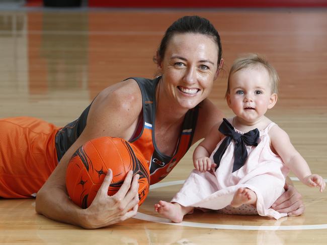 Netballer Bec Bulley and daughter Indie who travelled with her during the 2017 Super Netball season.