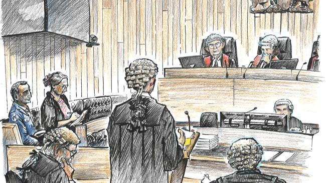 A sketch of the courtroom during the Sue Neill-Fraser appeal. Neill-Fraser can be seen sitting on the left. Credit: Christopher Downes