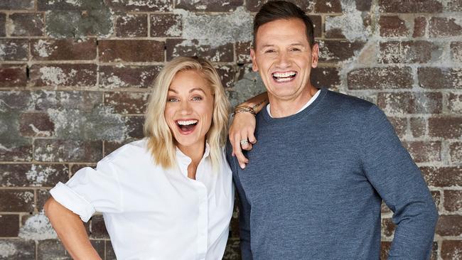 Erin Phillips, with Mix 102.3 breakfast radio co-host Mark “Soda” Soderstrom, kicked off her first day in the chair with a huge thanks to her predecessor Jodie Oddy. Picture: SUPPLIED