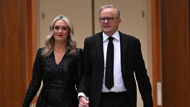 CANBERRA, AUSTRALIA – JULY 03: Prime Minister Anthony Albanese and partner Jodie Haydon arrive at the Midwinter Ball at Parliament House on July 03, 2024 in Canberra, Australia. The annual Mid Winter Ball is a ticketed event hosted by the Federal Parliamentary Press Gallery. (Photo by Tracey Nearmy/Getty Images)