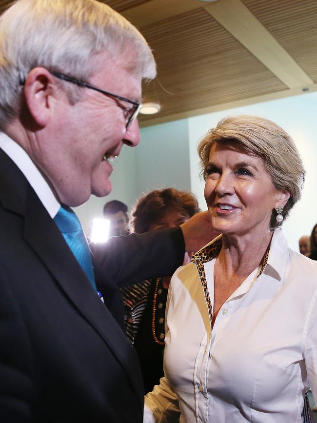 Julie Bishop and Kevin Rudd at the launch of his second political memoir. Picture: Kym Smith