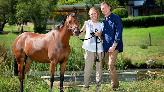 Lucy Quigley-Smith and Matt Smith with their horse Argyl Royal Heirloom at their Mylor property. Picture: Bianca De Marchi