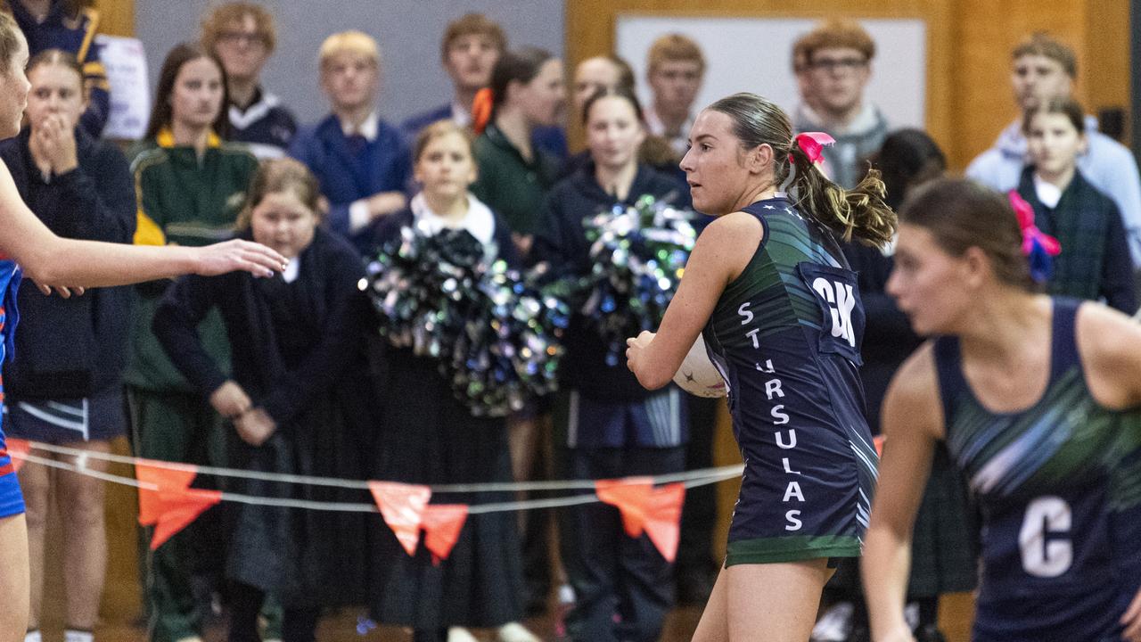 Darcie Gillis of St Ursula's Senior A against Downlands First VII in Merici-Chevalier Cup netball at Salo Centre, Friday, July 19, 2024. Picture: Kevin Farmer