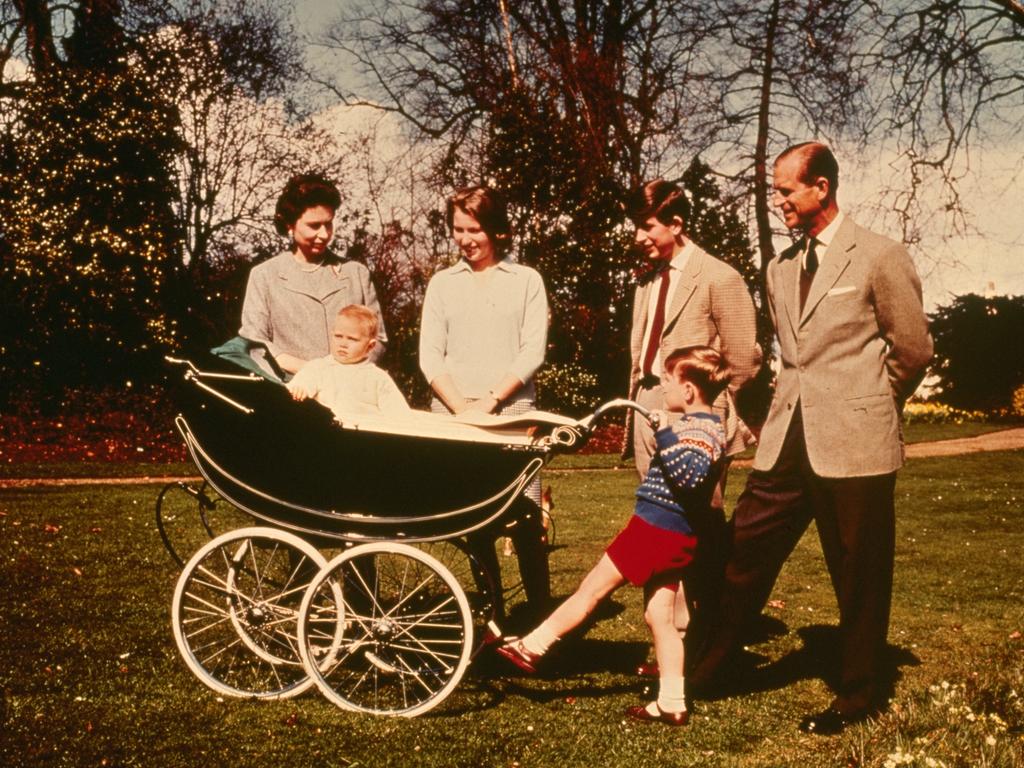 1965: Queen Elizabeth II and The Prince Philip, Duke of Edinburgh with their children (right to left); Charles Prince of Wales, Prince Andrew, Prince Edward and Princess Anne celebrating the Queen's 39th birthday at Windsor. (Photo by Keystone/Getty Images)