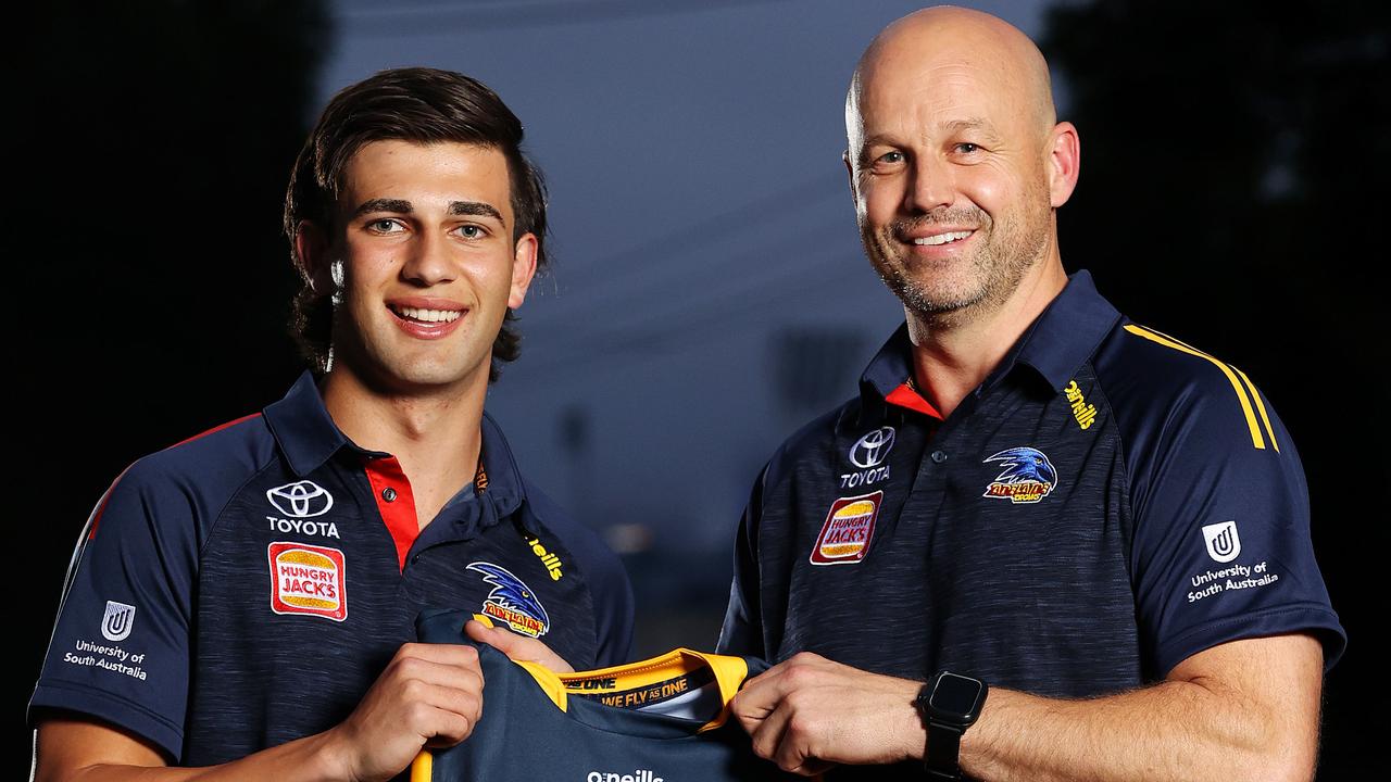 Crows coach Matthew Nicks pictured with draftee Josh Rachele. Picture: Mark Stewart