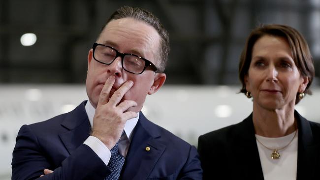 Qantas CEO Alan Joyce and Virgin CEO Jayne Hrdlicka during a press conference at Qantas Hangar 96 at Sydney Airport in Sydney NSW. Picture: Dylan Coker