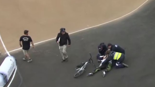 Medical crew assist Kai Sakakibara after his crash at Bathurst where he suffered critical injuries. Photo: bmxlivetv/YouTube