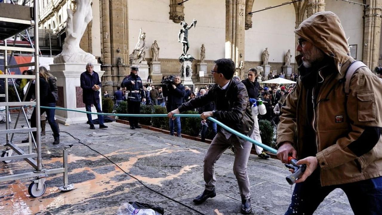 Mr Nardella shared pictures of him helping clean the Palazzo Vecchio. Picture: Twitter.