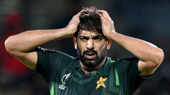 Pakistan's Haris Rauf reacts during the 2023 ICC Men's Cricket World Cup one-day international (ODI) match between Pakistan and South Africa at the MA Chidambaram Stadium in Chennai on October 27, 2023. (Photo by R.Satish BABU / AFP) / -- IMAGE RESTRICTED TO EDITORIAL USE - STRICTLY NO COMMERCIAL USE --