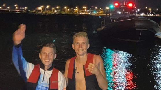 Adin Thompson (left) and Justin Huxtable had to be rescued after jetski incident off the Queensland coast. Picture: Adin Thompson