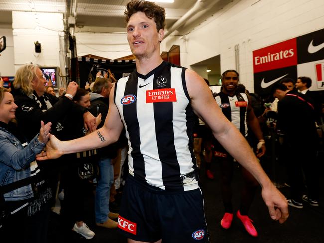 Brody Mihocek of the Magpies celebrates after the preliminary final win over the Giants. (Photo by Dylan Burns/AFL Photos via Getty Images)