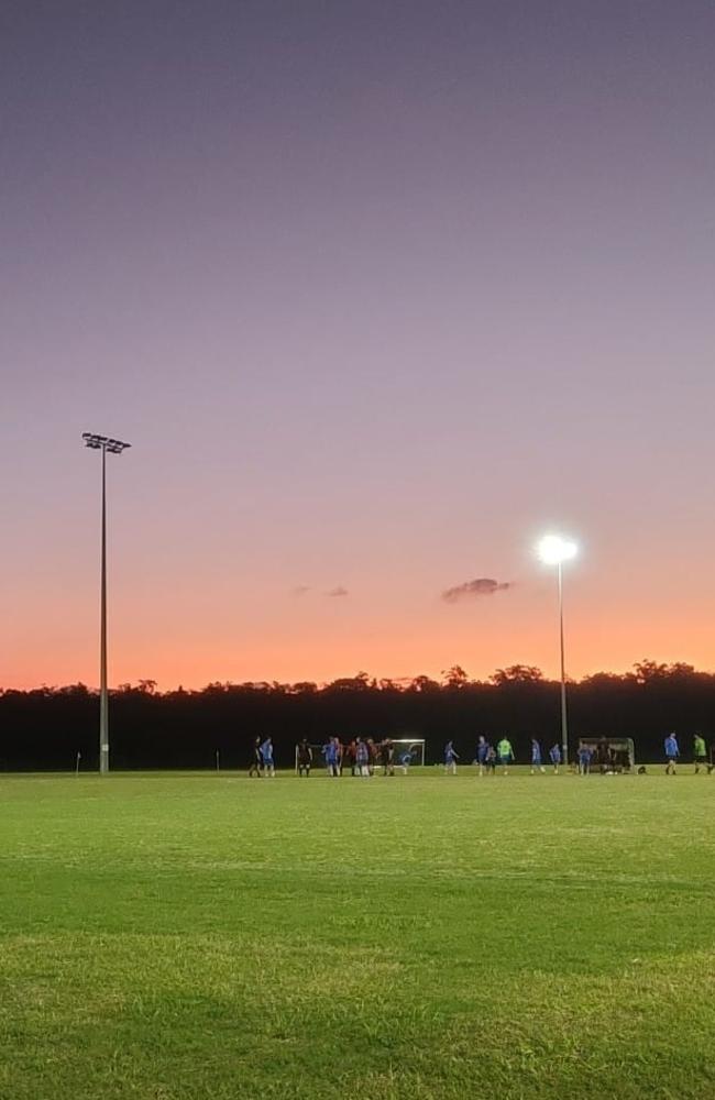 An image showing the faulty light at Caloundra's home match on March 18. Picture: Alex Newcome, Facebook.