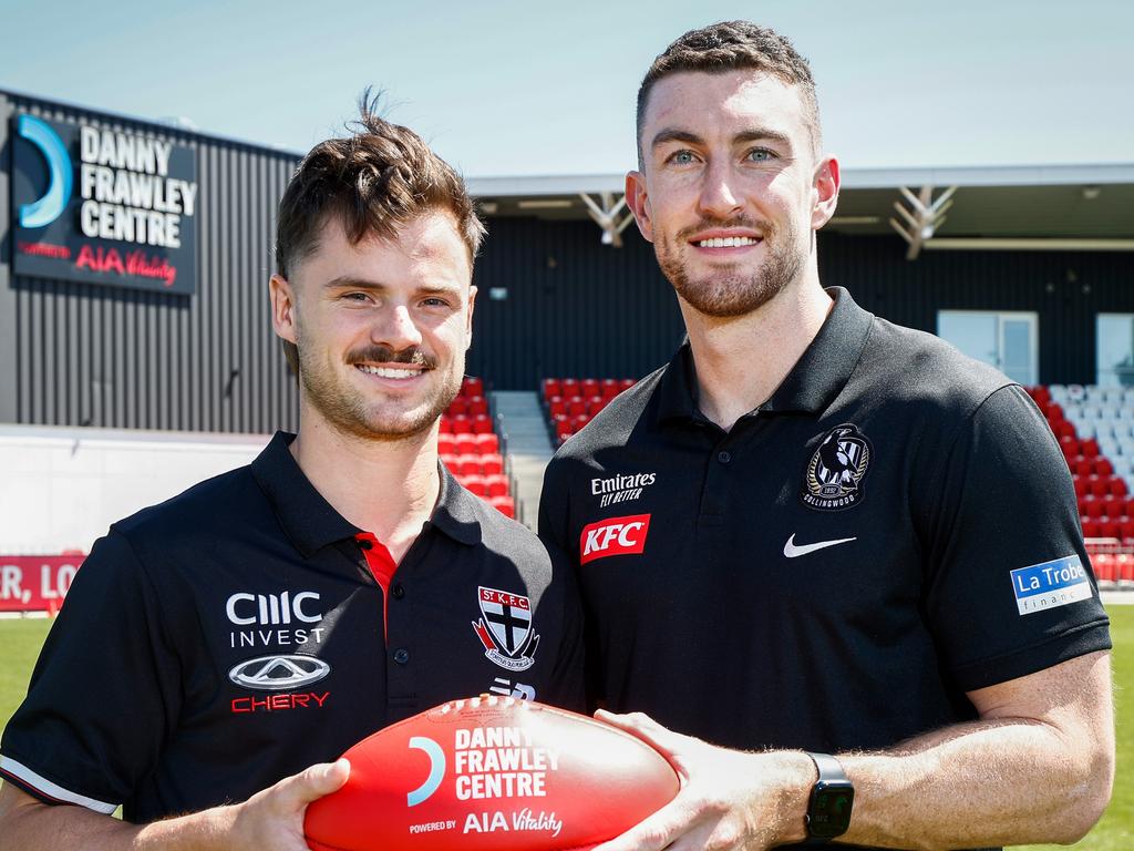 MELBOURNE, AUSTRALIA – FEBRUARY 27: Jack Sinclair of the Saints and Daniel McStay of the Magpies pose for a photograph during the 2024 Spud's Game Announcement at RSEA Park on February 27, 2024 in Melbourne, Australia. (Photo by Michael Willson/AFL Photos via Getty Images)