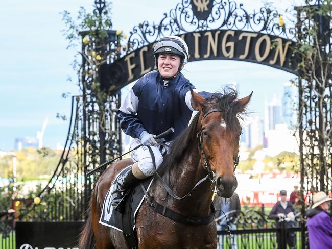 Alana Kelly returns to the mounting yard on Point Nepean (IRE) after winning the Lexus Andrew Ramsden at Flemington Racecourse on May 14, 2022 in Flemington, Australia. (Brett Holburt/Racing Photos via Getty Images)