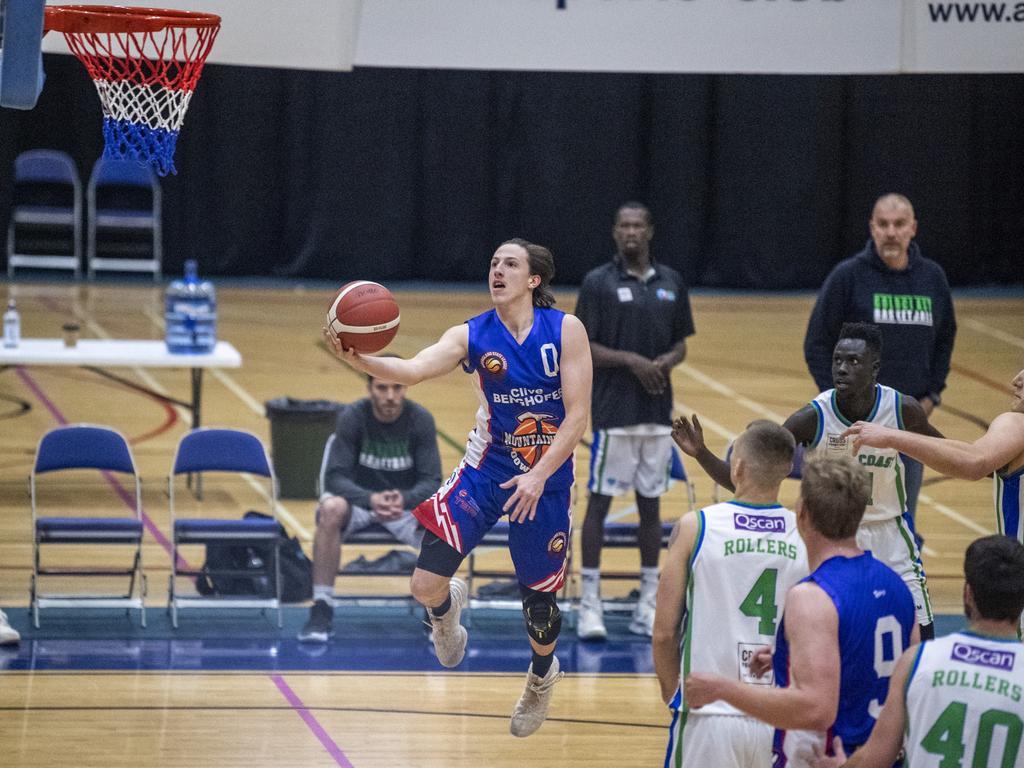 Joshua Allen, Mountaineers. QSL basketball mens, Mountaineers vs Gold Coast Rollers. Friday, June 18, 2021. Picture: Nev Madsen.