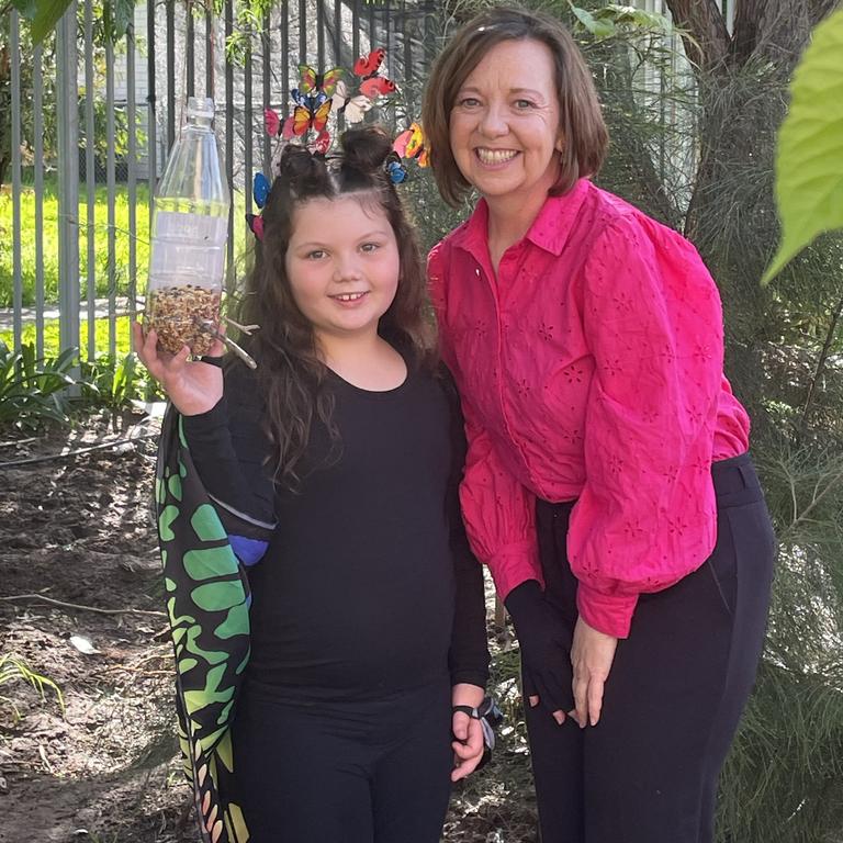 Morphett Vale East School Year 2 student Lilly was proud to demonstrating her plastic bottle Circula Champions entry to SA Local Hero Monique Bareham. Picture: supplied