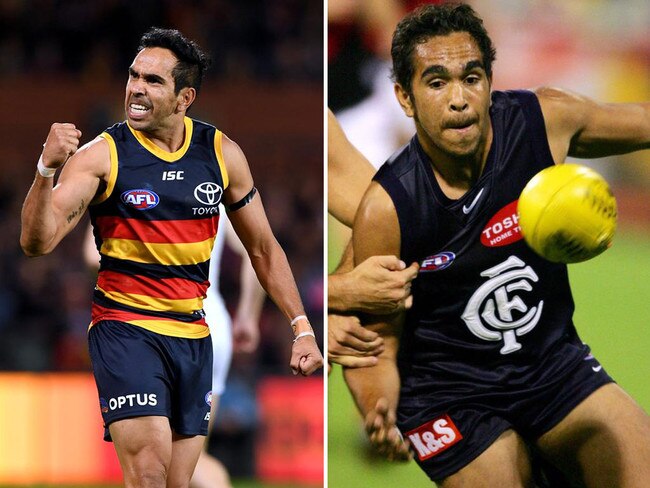 Full circle: Eddie Betts is leaving the Crows, left, to head back to where it all began in 2005 with Carlton, righ. Pictures: