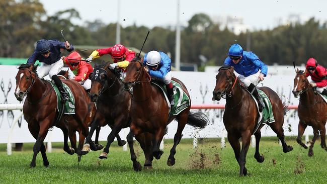 Broadsiding (right) surging to victory in the Golden Rose last month. Picture: Jeremy Ng/Getty Images