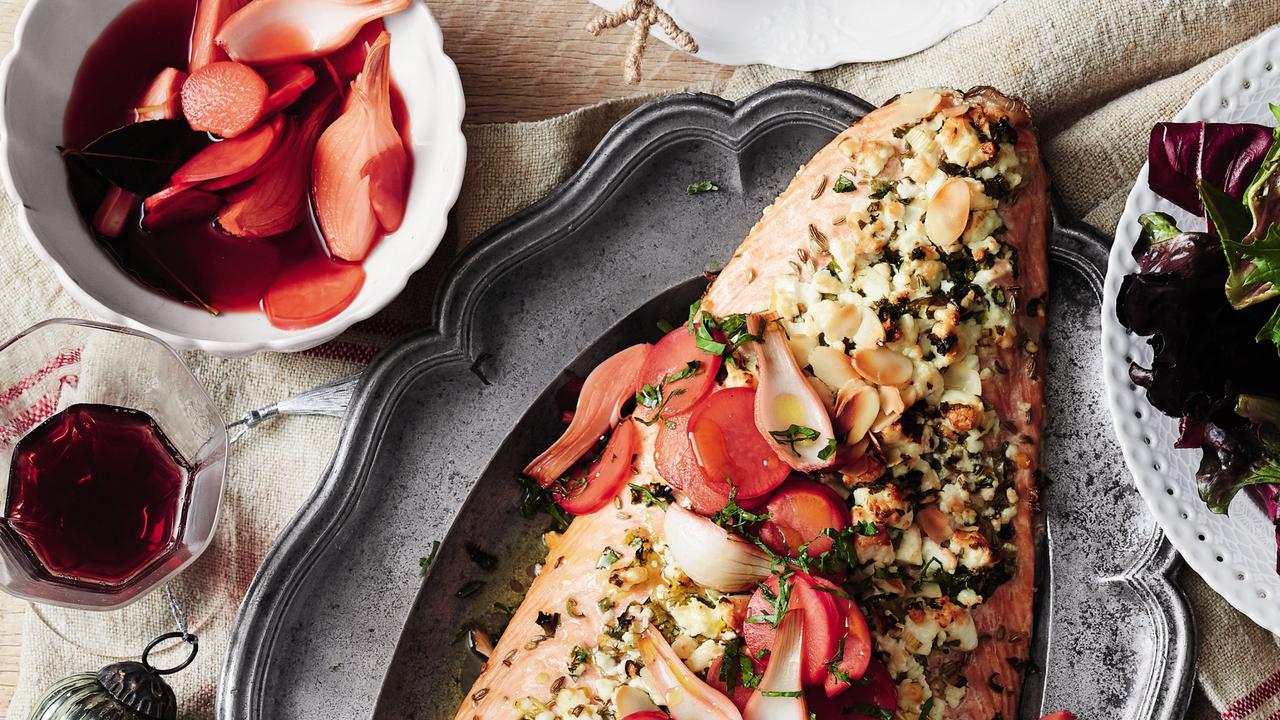 Charred herb and feta salmon with radish and onion pickle