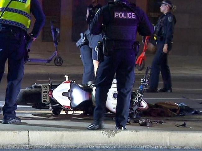 A motorcyclist has been rushed to hospital with serious injuries after a nasty crash in the CBD. The 25-year-old rider’s bike rear-ended a ute at the intersection of King William Road and North Terrace. The driver of the ute and his female passenger were not injured. Picture: 7NEWS