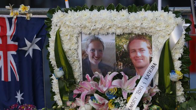 Victims Tori Johnson and Katrina Dawson were honoured in floral tribute in the days after the siege. Picture: John Grainger