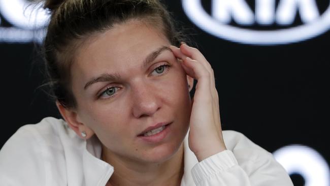 Simona Halep chatting to the media after her loss. Picture: AP Photo