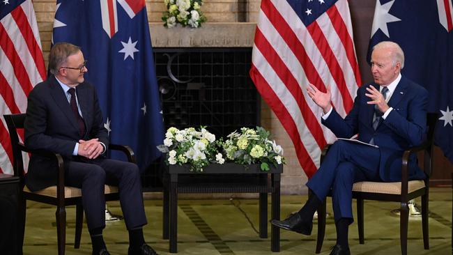 Anthony Albanese and Joe Biden discussed more serious matters behind closed doors, including the AUKUS pact and how to punish Russia for invading Ukraine. Picture: AFP.