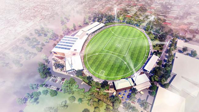 Overhead vision of the Adelaide Football Club’s proposed new training, administration and community precinct at Thebarton Oval. Picture: City Collective