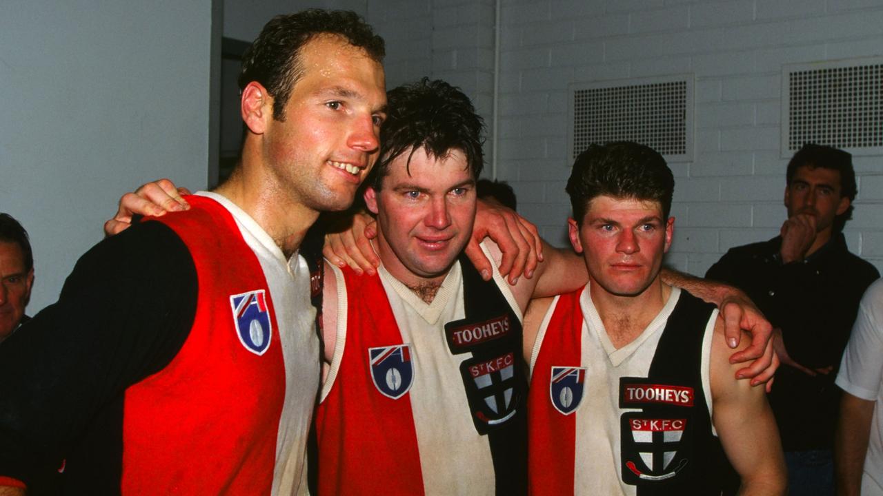 Stewart Loewe, Danny Frawley and Robert Harvey enjoy a St Kilda win.