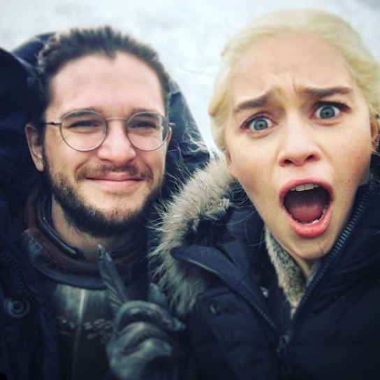 What ending? … Kit Harington and Emilia Clarke on set of Game of Thrones. Picture: @emilia_clarke