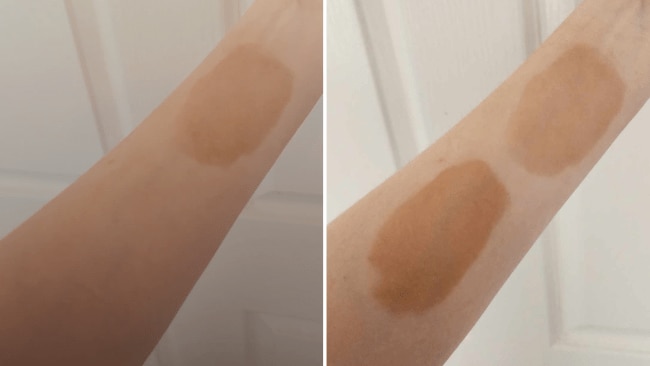 The OXX Bodycare Glow Getter Clear Tanning Gel - Light/Medium, compared to the OXX Bodycare Glow Getter Tanning Mousse - Medium/Dark Brown immediately after application, then again the next morning after being rinsed off. Image: Supplied / Cassidy Pearce.