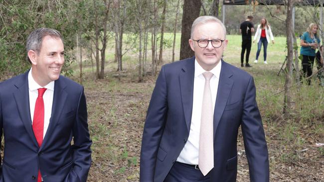 Treasurer Jim Chalmers and Prime Minister Anthony Albanese on the Queensland election trail on Tuesday. Picture: Steve Pohlner