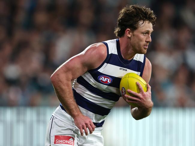 ADELAIDE, AUSTRALIA - SEPTEMBER 05: Jed Bews of the Cats during the 2024 AFL Second Qualifying Final match between the Port Adelaide Power and the Geelong Cats at Adelaide Oval on September 05, 2024 in Adelaide, Australia. (Photo by Sarah Reed/AFL Photos via Getty Images)