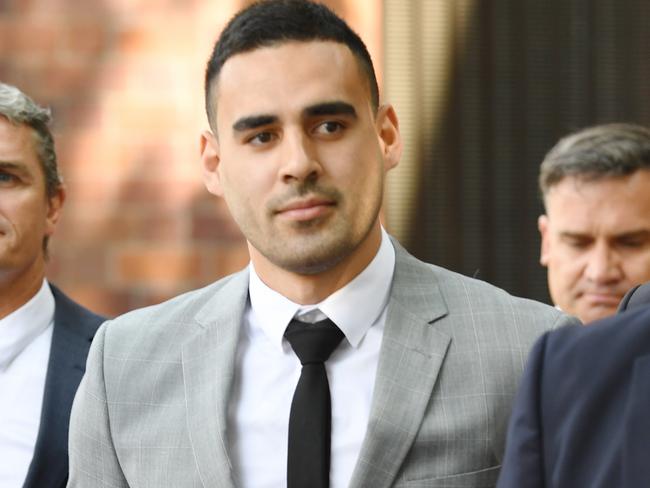 Penrith Panthers NRL player Tyrone May leaves Parramatta Local Court in Sydney, Friday, November 22, 2019. (AAP Image/Dean Lewins) NO ARCHIVING