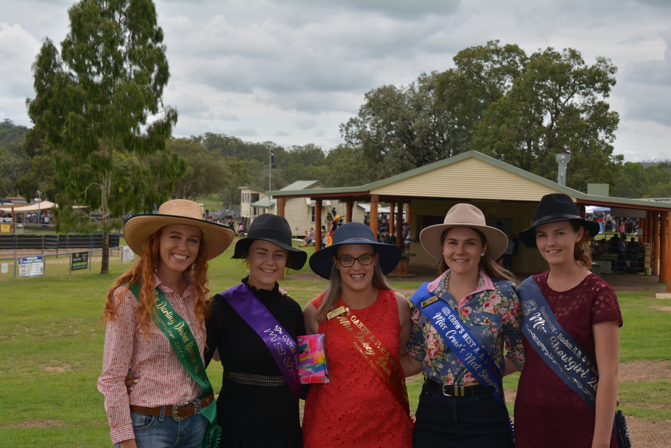 All the Showgirls from across the region, Jasmine Kidman, Brooke Barron, Louise Byers, Bethany Campbell and Tomika Pickering at the Cooyar Show. Picture: Kate McCormack