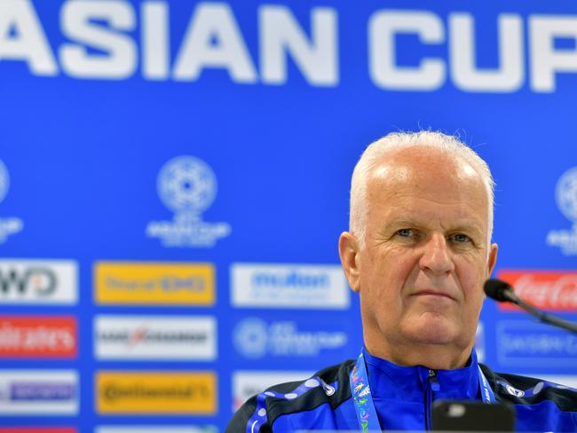 Syria's German coach Bernd Stange gives a press conference at Sharjah stadium in Sharjah on January 5, 2019, a day ahead of his team's match against Palestine in the 2019 AFC Asian Cup. (Photo by GIUSEPPE CACACE / AFP)