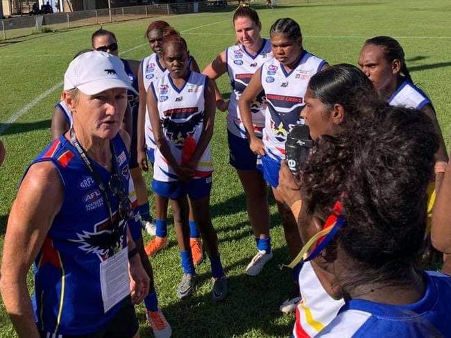 Arnhem Crows coach Colleen Gwynne fires up her players during a quarter break. Picture: FACEBOOK