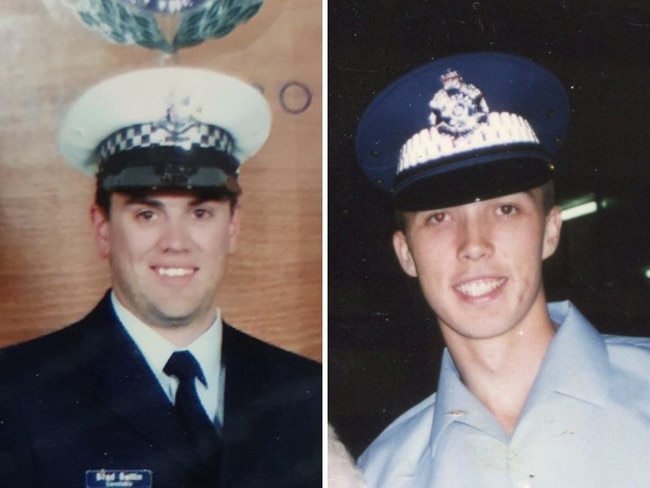 Brad Battin, now Victorian opposition leader, in his police uniform at his 2001 graduation; Peter Dutton, now federal opposition leader, in his police uniform.