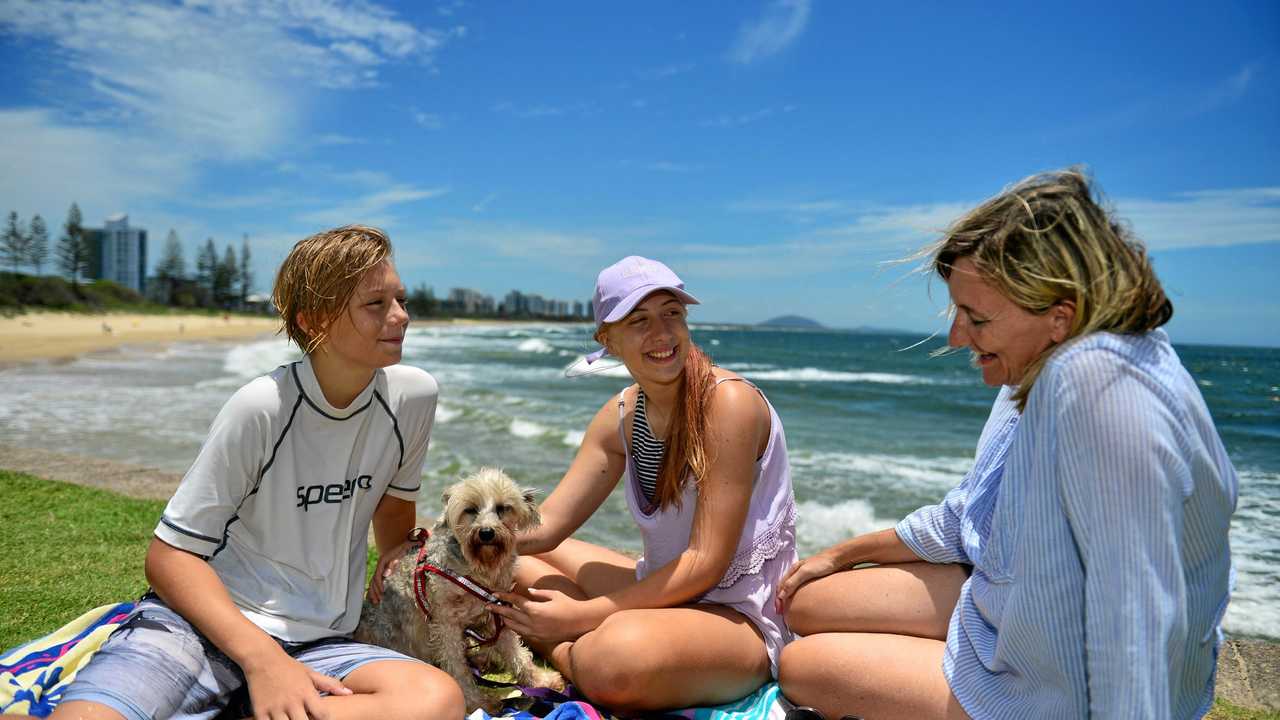 NO PLACE LIKE HOME: Moving from Brisbane to the Sunshine Coast was the best decision the Delahayes ever made. Pictured at Alexandra Headland are mum Michelle with son Jack, 13, daughter Holly, 16, and Rufus. Picture: John McCutcheon