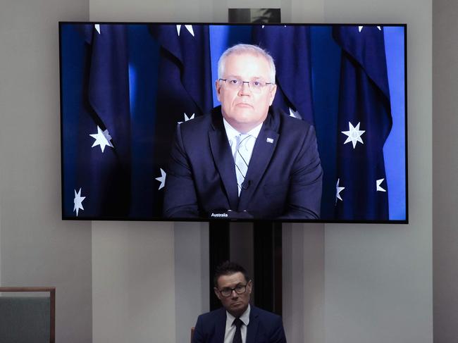 Prime Minister Scott Morrison appeared virtually during Question Time today while still in quarantine after a diplomatic visit to Japan. Picture: Gary Ramage