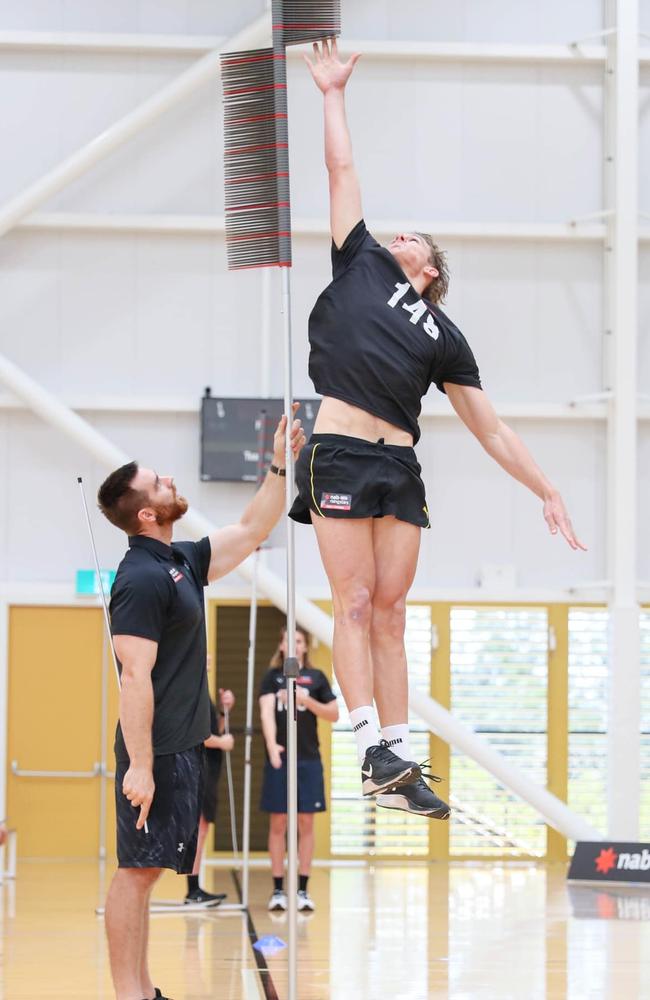 Will Bella testing his vertical leap at the AFL draft combine in Brisbane, October 10, 2021. Picture: Russell Freeman