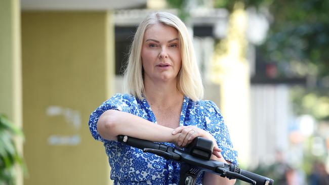 Brisbane nurse Paula McLeister is calling for the Brisbane City Council to ban rental e-scooters. Picture: Liam Kidston