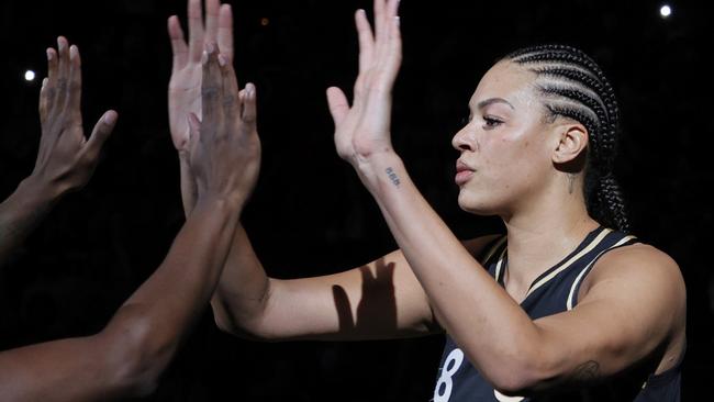 Liz Cambage in October last year, lining up for the Las Vegas Acers. She’s now apparently found happiness at the LA Sparks. Picture: Ethan Miller/Getty Images