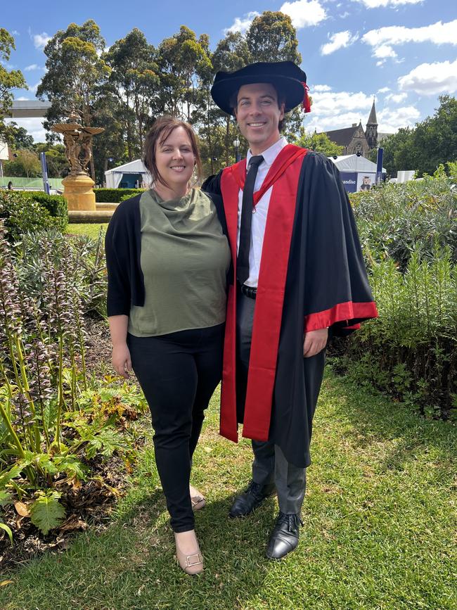 Sister Steph Baldi with her brother Dr Andrew Baldi (PhD in Medicine) at the University of Melbourne graduations held at the Royal Exhibition Building on Tuesday, December 17, 2024. Picture: Jack Colantuono