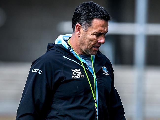 Cronulla-Sutherland Sharks head coach Shane Flanagan is seen during a team training session ahead of Week 1 of the NRL Finals Series at Southern Cross Group Stadium in Sydney, Wednesday, September 5, 2018. The Cronulla-Sutherland Sharks face the Melbourne Storm in a qualifying final at AAMI Park on Friday. (AAP Image/Brendan Esposito) NO ARCHIVING