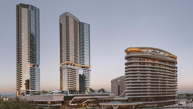 The Star Gold Coast site's new $500m fourth tower planned (far left) at its Broadbeach gaming resort which will measure 63 storeys, 215m high and be operated at 5-star level by an international operator. It has been fast-tracked and likely start construction next year while third tower Dorsett (second from right) is coming out of the ground. Star Grand can be seen (second left) and the Darling six-star suite hotel is far right. 