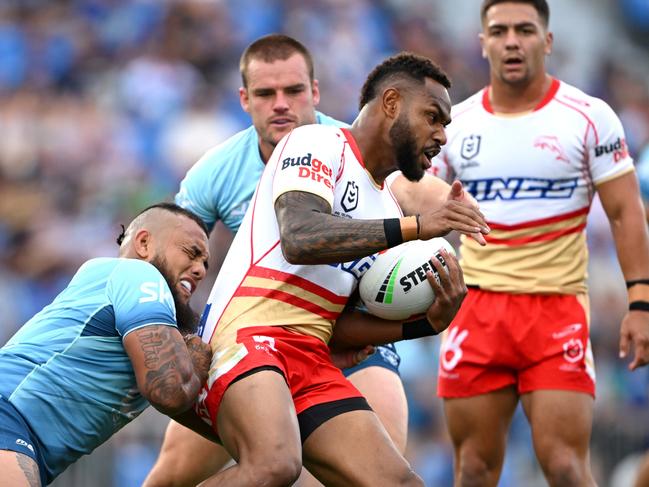 Hamiso Tabuai-Fidow of the Dolphins charges forward during the NRL Pre-season challenge match between New Zealand Warriors at Go Media Stadium Mt Smart Auckland, New Zealand. (Photo by Hannah Peters/Getty Images)