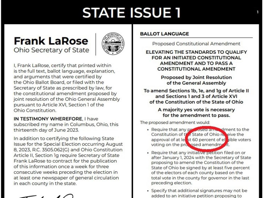 The ballot paper for Ohio state Issue 1 asked voters to raise the bar for changes to the constitution from 50 per cent to 60 per cent.